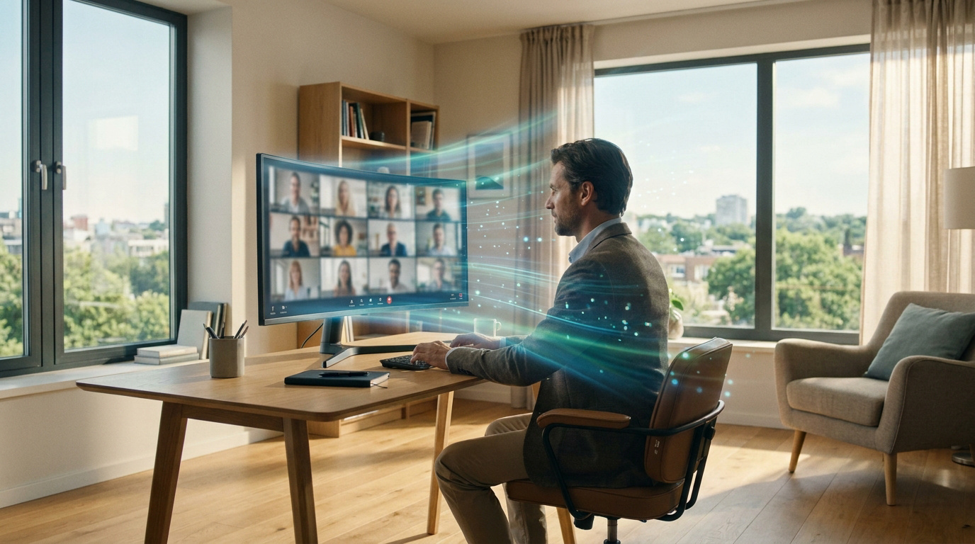 Homme en costume en visioconférence sur grand écran. Des lignes lumineuses symbolisent un débit rapide. Bureau moderne et lumineux.