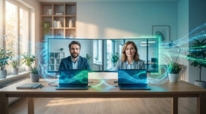 Visioconférence sans latence : un homme et une femme sur écrans, deux laptops reliés par des flux de données lumineux et rapides.