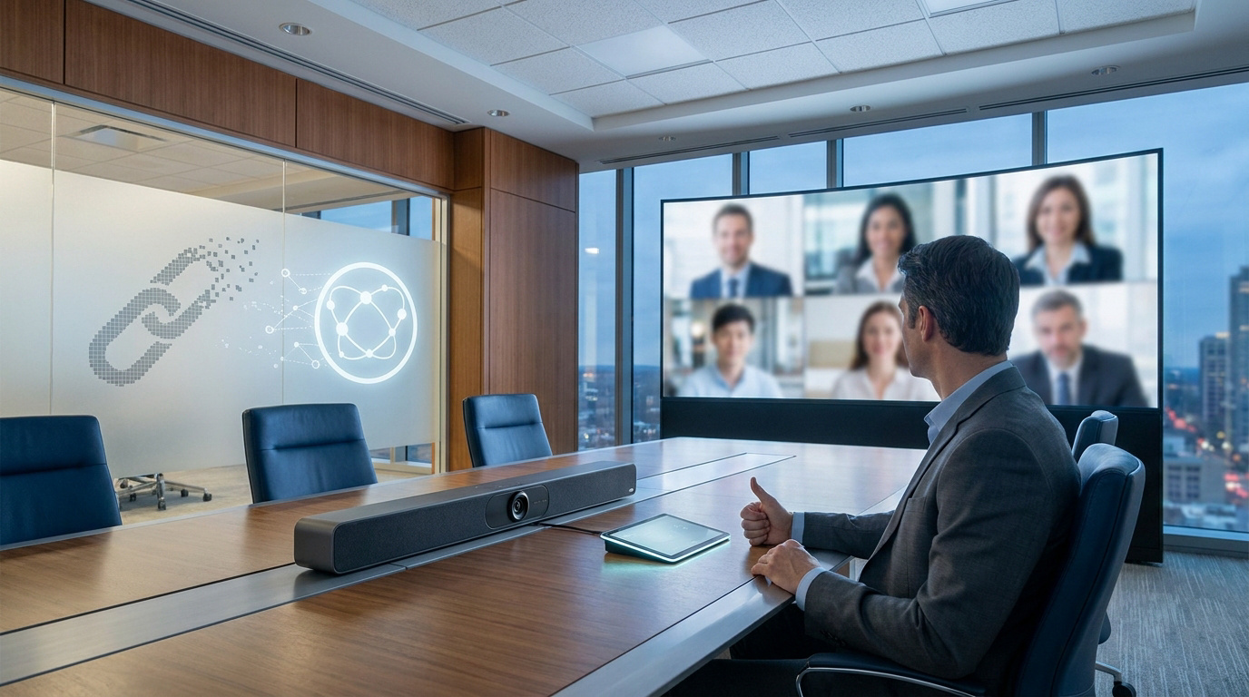 Homme satisfait devant un écran de visioconférence affichant six participants, avec barre de son et tablette dans une salle moderne.