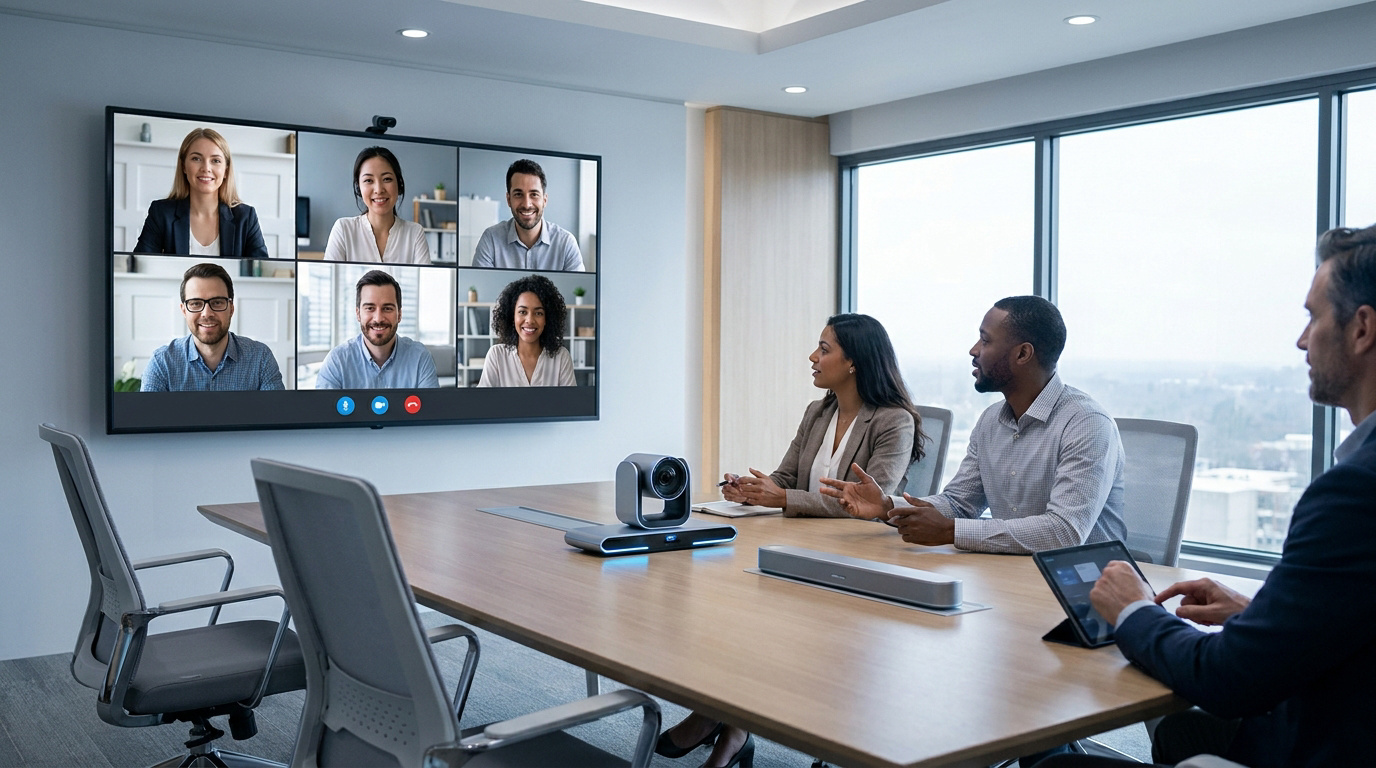 Des professionnels en réunion hybride, certains en personne, d'autres via un grand écran de visioconférence 4K avec équipement AVer.