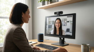 Femme en visioconférence devant un écran avec webcam. Une autre femme souriante apparaît à l'écran. Un haut-parleur intelligent sur le bureau.