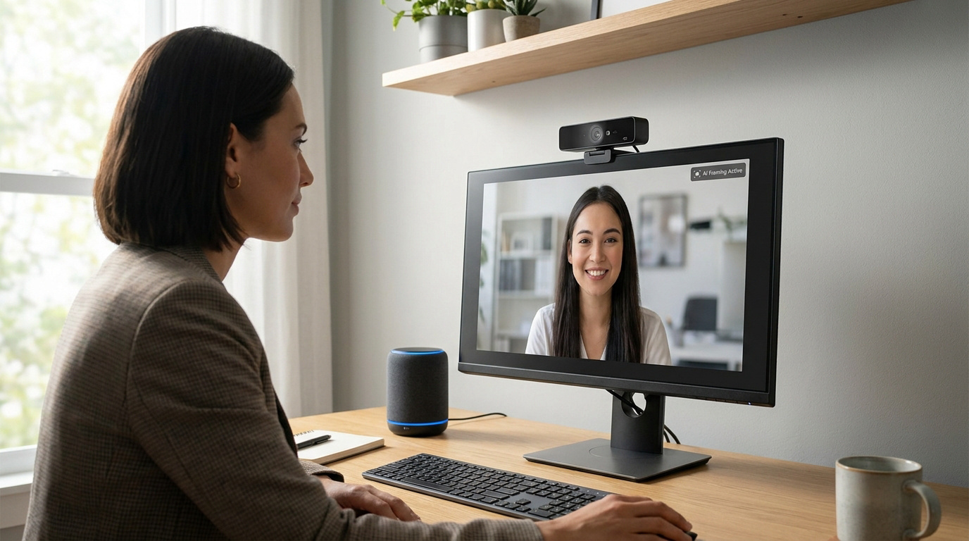 Femme en visioconférence devant un écran avec webcam. Une autre femme souriante apparaît à l'écran. Un haut-parleur intelligent sur le bureau.