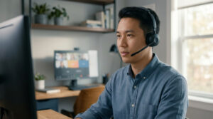 Homme asiatique portant un casque-micro lors d'un appel vidéo professionnel, un écran affiche d'autres participants en arrière-plan.