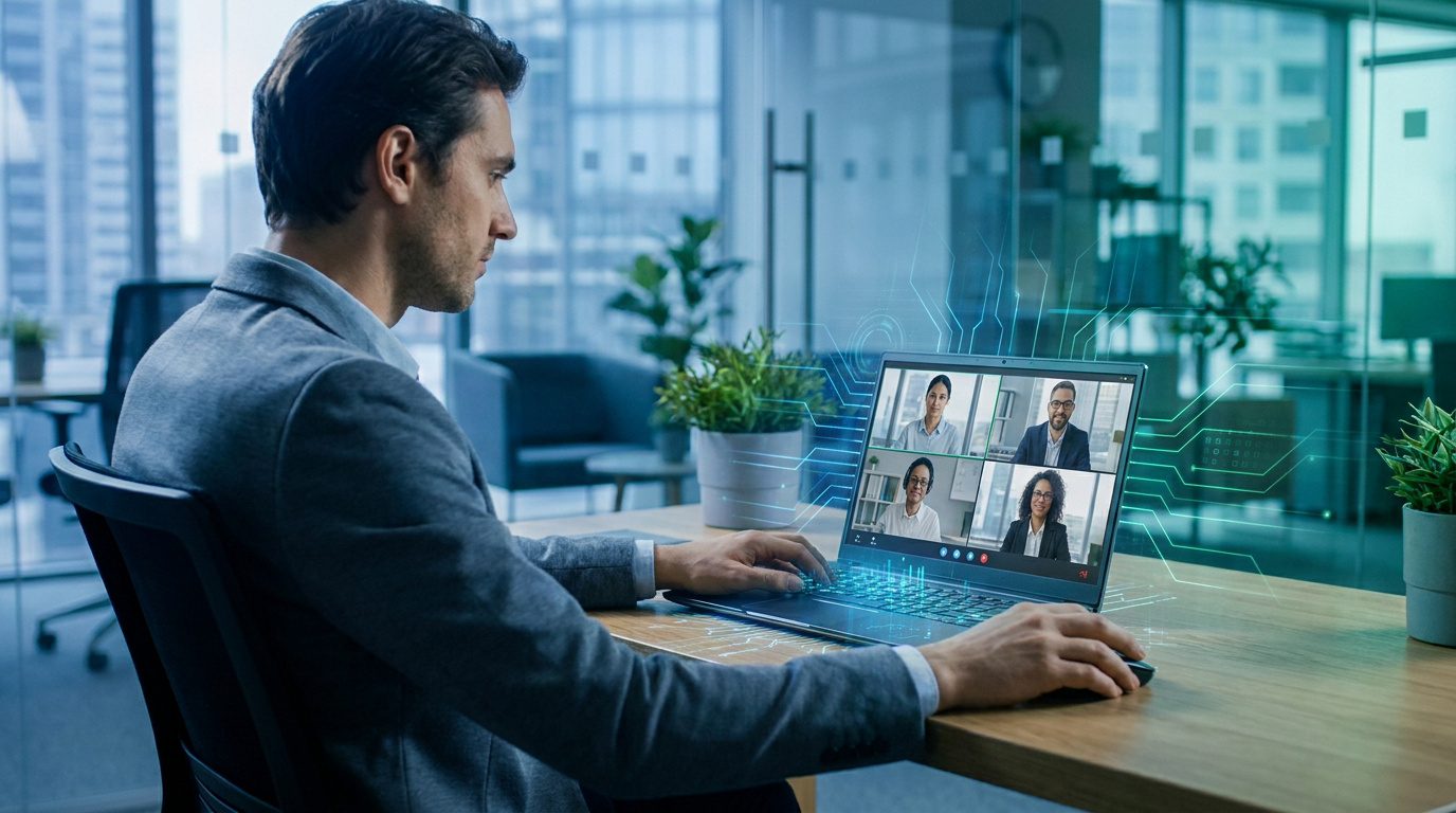 Un homme en costume gris participe à une visioconférence sur son ordinateur portable dans un bureau moderne. Des circuits numériques le connectent à l'écran.