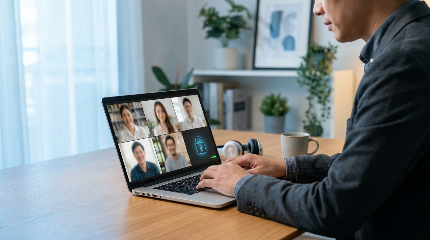 Un homme participe à une visioconférence sur un ordinateur portable, avec une icône de cadenas bleu lumineux symbolisant la sécurité de la réunion.