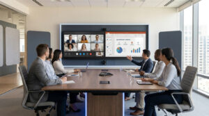 Salle de réunion moderne avec écran double pour visioconférence et présentation de stratégie. Plusieurs personnes assistent à la réunion.