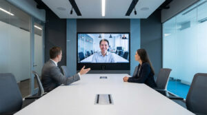 Salle de réunion moderne. Deux personnes participent à une visioconférence sur un grand écran, avec un participant distant souriant au centre.