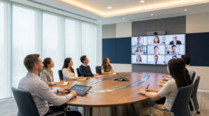 Un groupe en salle de réunion moderne participe à une visioconférence, observant un écran géant affichant neuf visages distants.