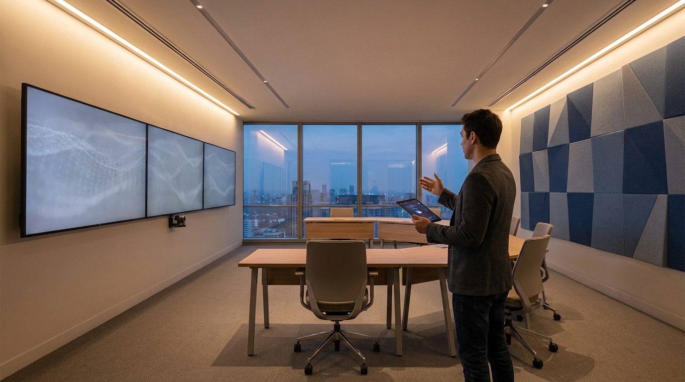 Homme présentant sur tablette dans une salle de visioconférence moderne avec trois grands écrans, vue sur ville, et panneaux acoustiques.
