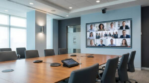 Intérieur de salle de conférence équipée pour visioconférence: écran avec participants, caméra, table avec micros et tablette.