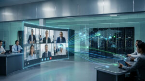 Scène de bureau moderne avec visioconférence virtuelle et données circulant vers un centre de serveurs mondial. Sécurité VPN.