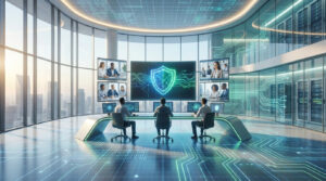 Salle futuriste avec des analystes devant de grands écrans montrant une visioconférence et un bouclier de sécurité numérique.