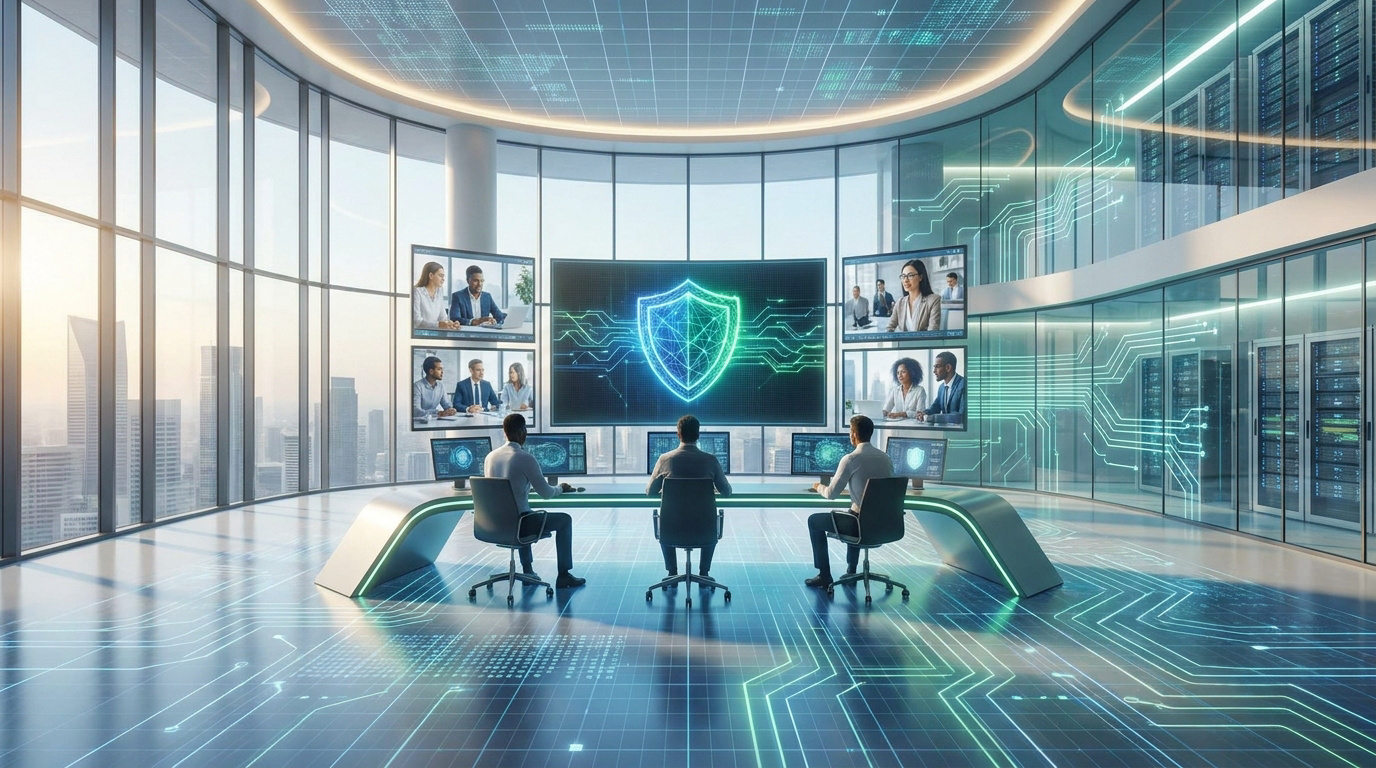 Salle futuriste avec des analystes devant de grands écrans montrant une visioconférence et un bouclier de sécurité numérique.