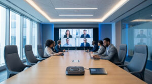 Des professionnels participent à une réunion hybride Microsoft Teams dans une salle moderne, avec des écrans affichant des participants à distance.