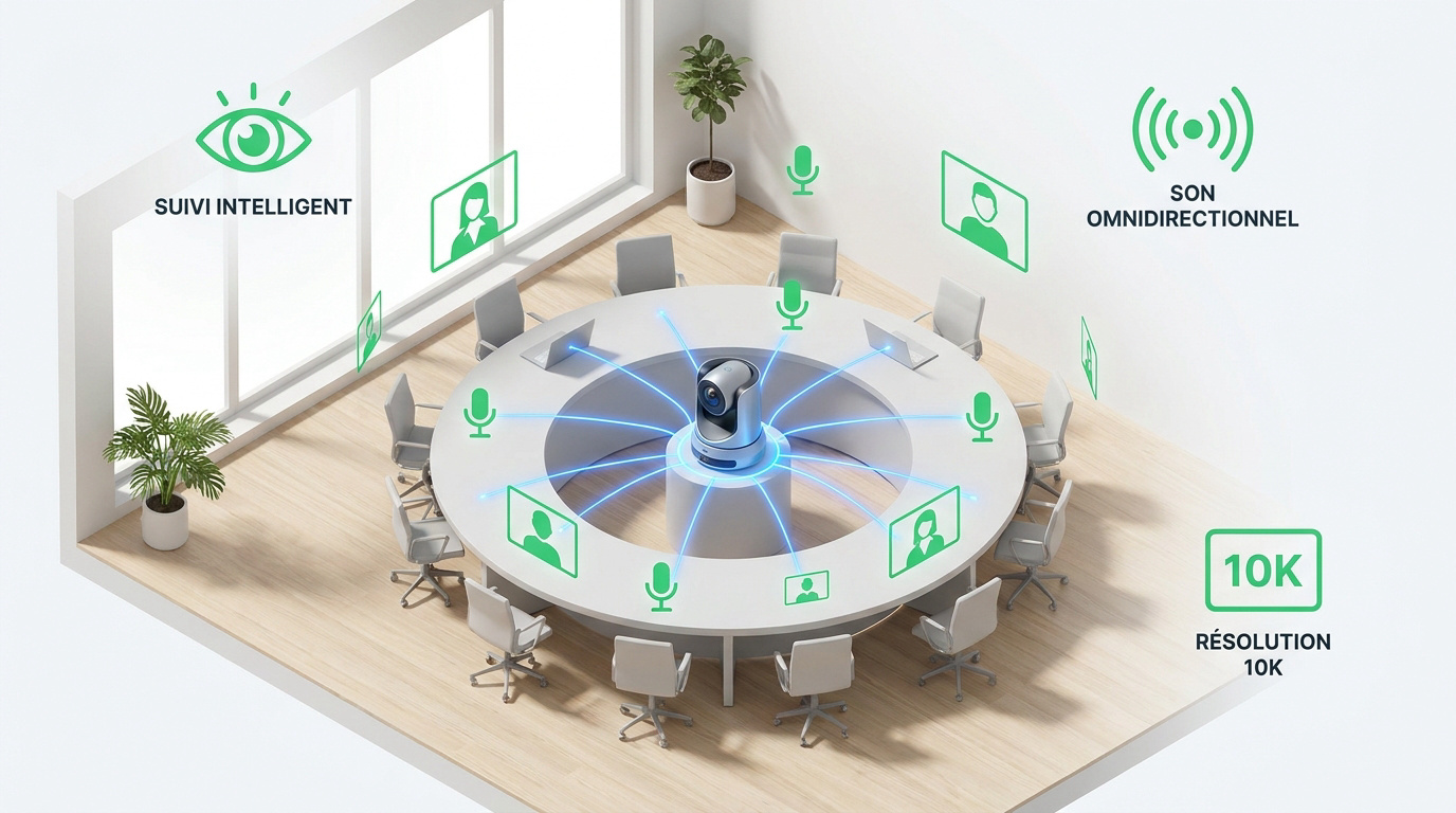 Salle de réunion équipée d'un système de visioconférence 360 degrés pour une collaboration hybride optimale