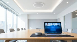 Salle de réunion moderne avec table, laptop en visioconférence, haut-parleur de table et enceinte encastrée au plafond.