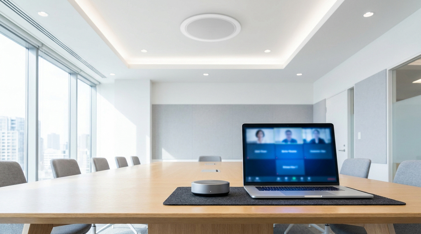 Salle de réunion moderne avec table, laptop en visioconférence, haut-parleur de table et enceinte encastrée au plafond.