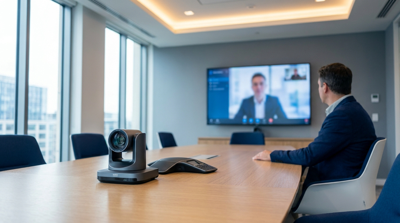 Salle de réunion moderne avec caméra PTZ, téléphone de conférence et écran affichant un participant à distance. Un homme est assis.
