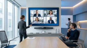 Une femme présente une visioconférence sur grand écran dans une salle de réunion moderne. Un homme regarde, un autre écrit au tableau.
