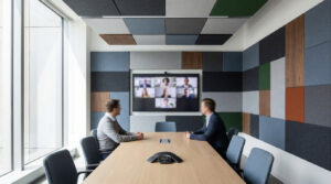 Salle de réunion moderne avec deux hommes, écran de visioconférence et panneaux acoustiques colorés au mur et plafond.