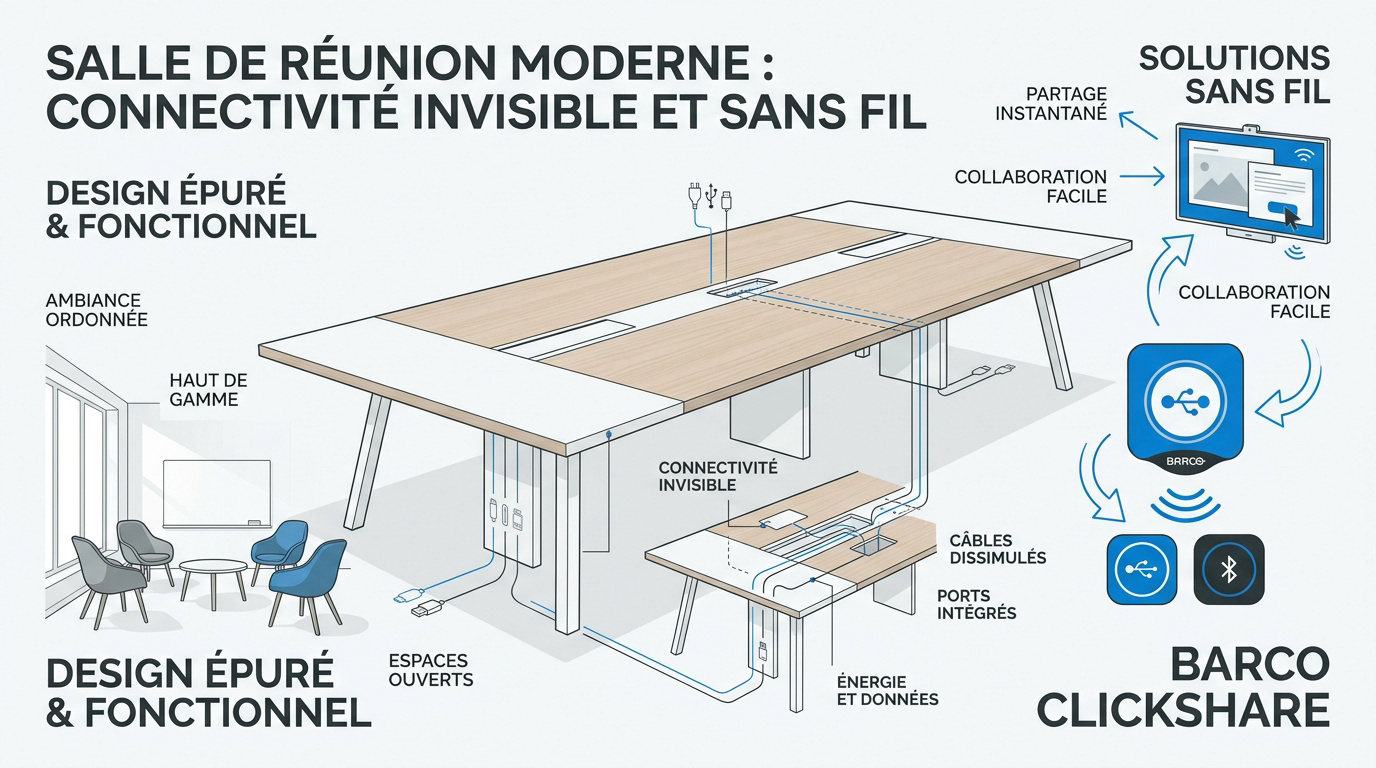 Salle de réunion moderne avec boîtiers de connectivité encastrés et câblage invisible