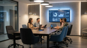 Quatre personnes en réunion dans une salle moderne avec grand écran affichant des données, tables et ordinateurs portables.