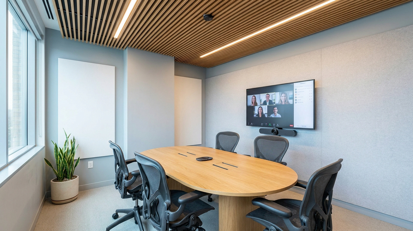 Salle de réunion moderne avec table ovale, chaises ergonomiques, grand écran de visioconférence, fenêtre et plante. Plafond à lattes de bois.