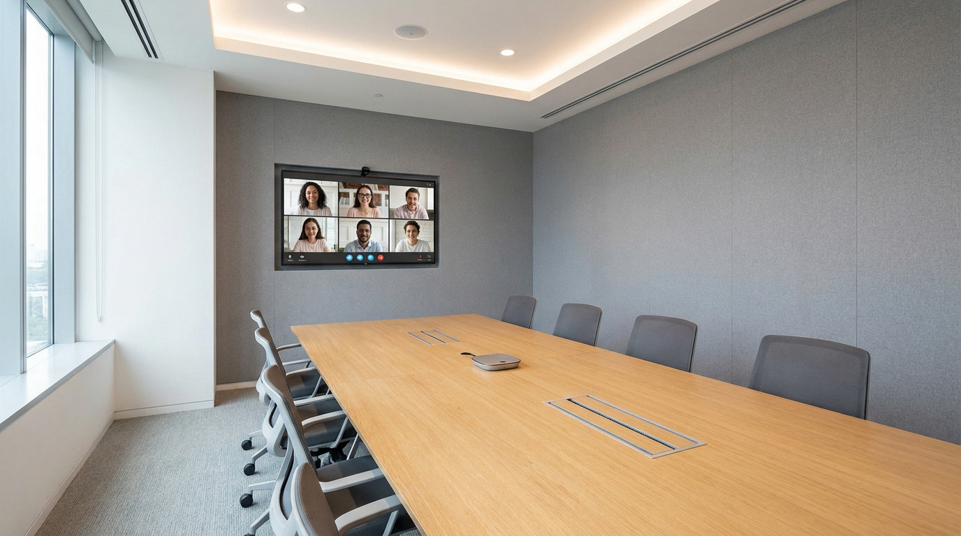Une salle de réunion moderne et épurée. Grande table en bois, chaises, écran mural affichant une visioconférence avec 6 participants.