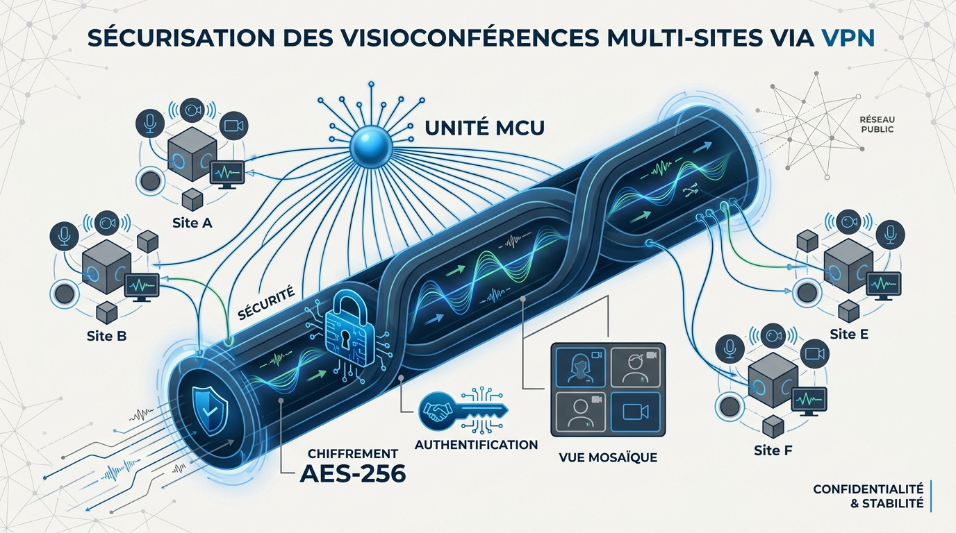 Schéma d'une architecture de visioconférence sécurisée par tunnel VPN entre plusieurs sites distants