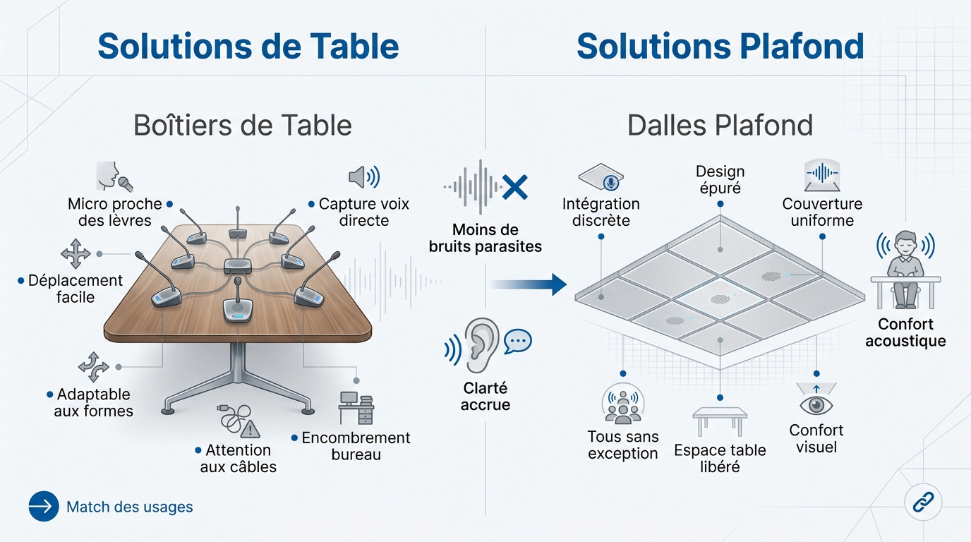 Comparatif entre microphone de plafond et microphone de table pour salle de visioconférence professionnelle