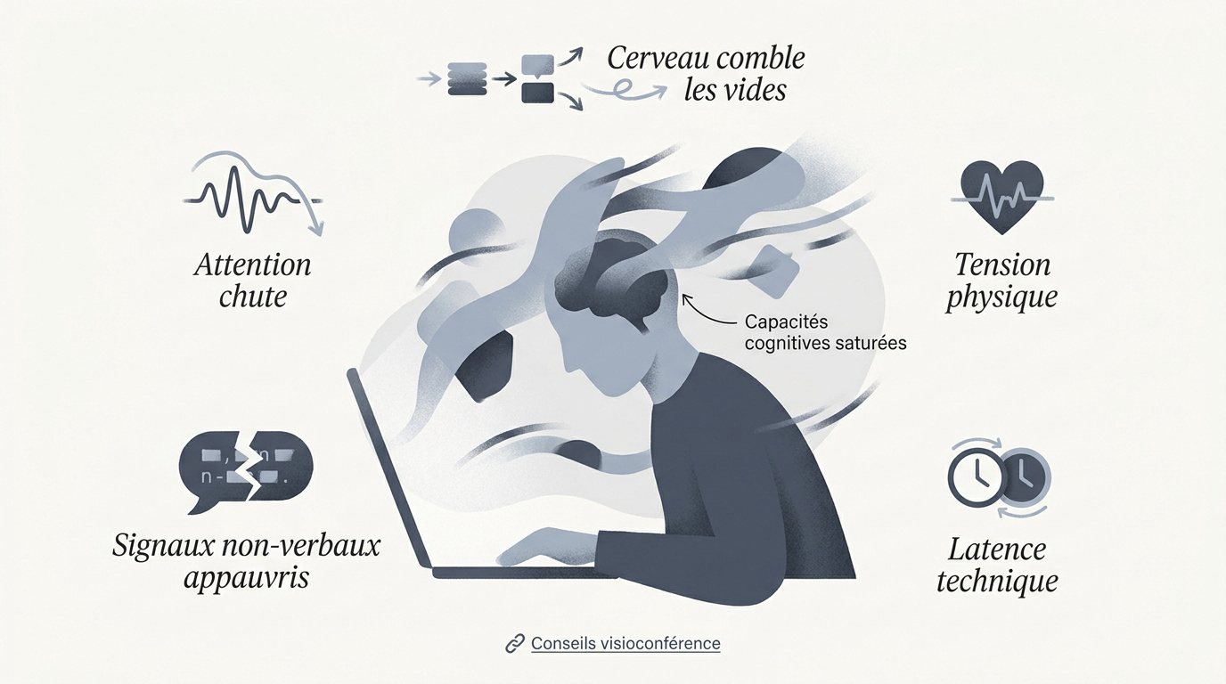 Schéma illustrant la surcharge cognitive et la fatigue liée à la visioconférence intensive