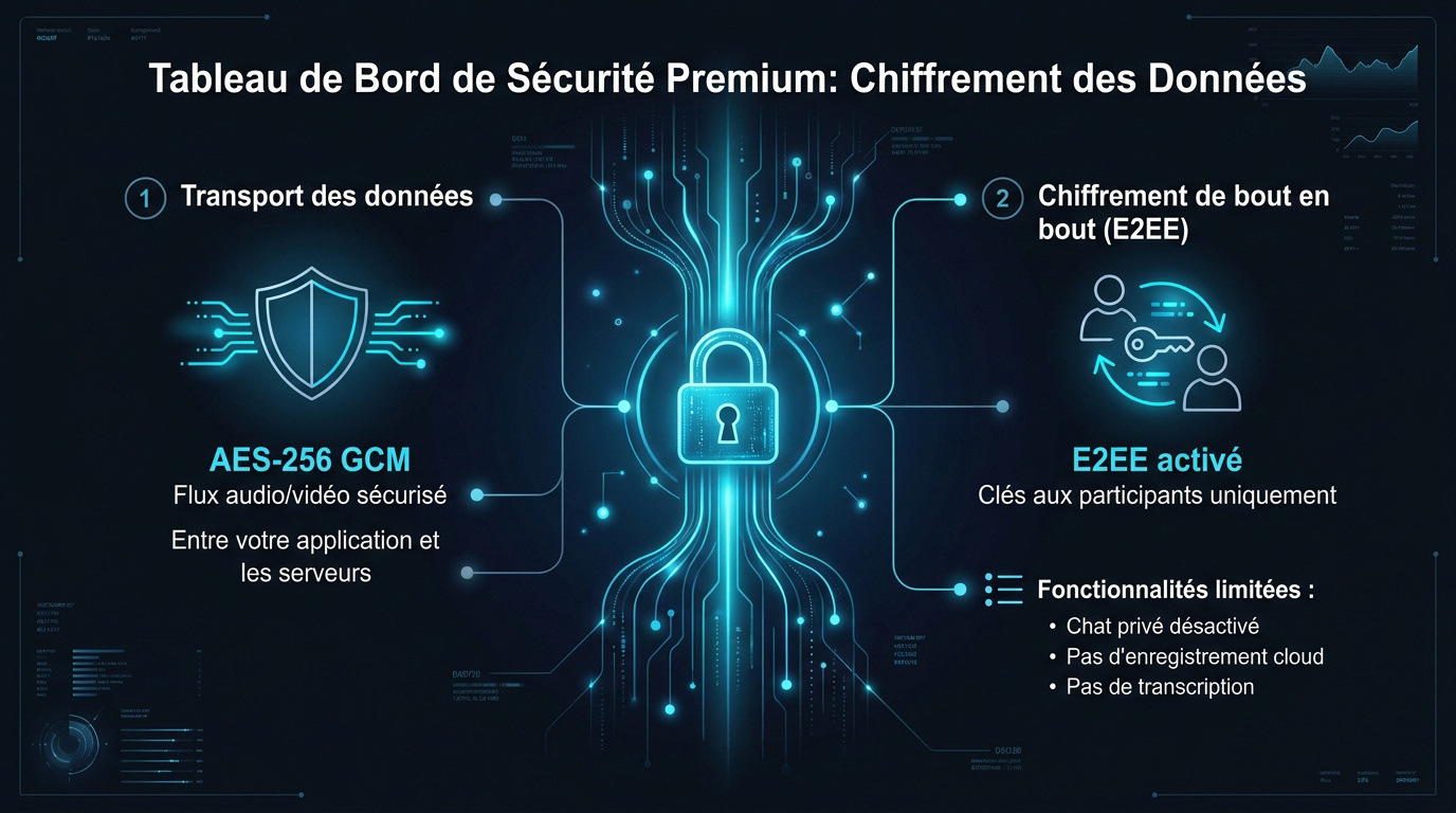 Interface de configuration des paramètres de sécurité et du chiffrement AES-256 sur Zoom