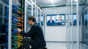 Un technicien gère les câbles d'un rack serveur. En arrière-plan, un écran diffuse une visioconférence professionnelle.