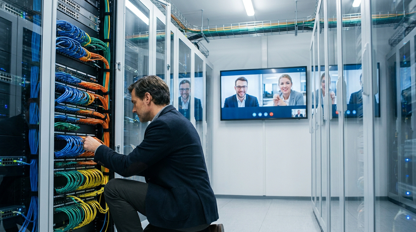Un technicien gère les câbles d'un rack serveur. En arrière-plan, un écran diffuse une visioconférence professionnelle.
