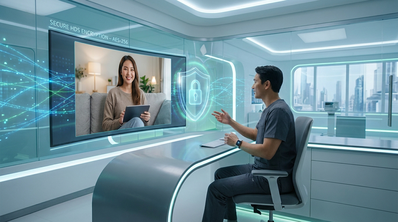 Un professionnel de santé consulte une patiente via un écran. Un bouclier avec cadenas et texte "SECURE HDS ENCRYPTION" symbolisent la sécurité des données.
