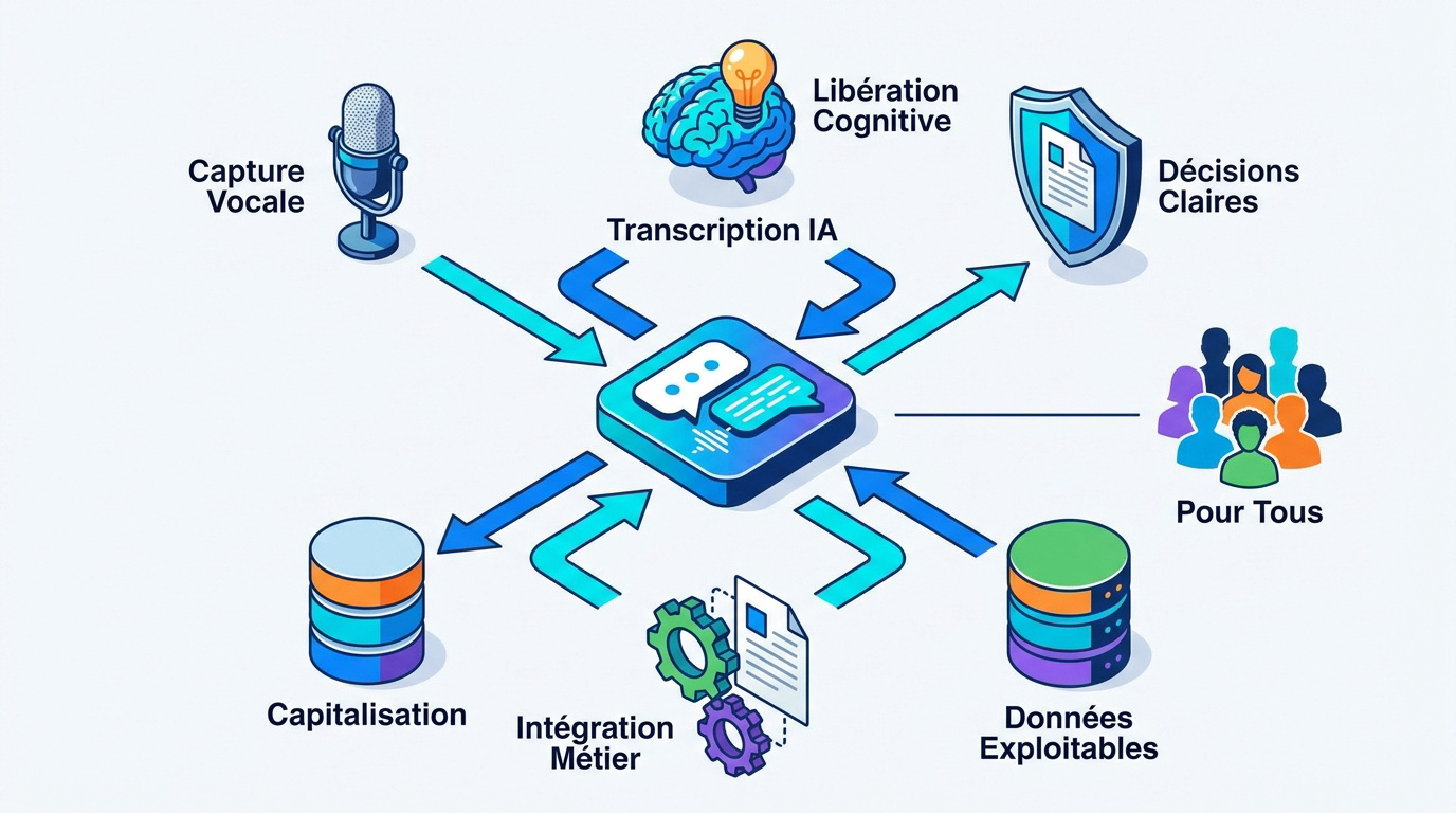 Interface de transcription automatique par intelligence artificielle pour réunions professionnelles