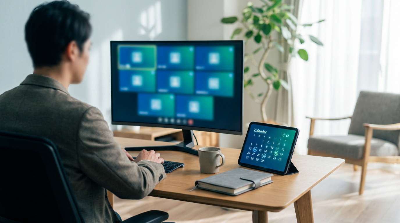 Un homme de dos utilise un ordinateur pour une visioconférence, avec une tablette affichant un calendrier pour la planification.