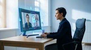 Une femme en visioconférence utilise un écran affichant des symboles de sécurité (cadenas, bouclier) et "End-to-End Encryption Active".