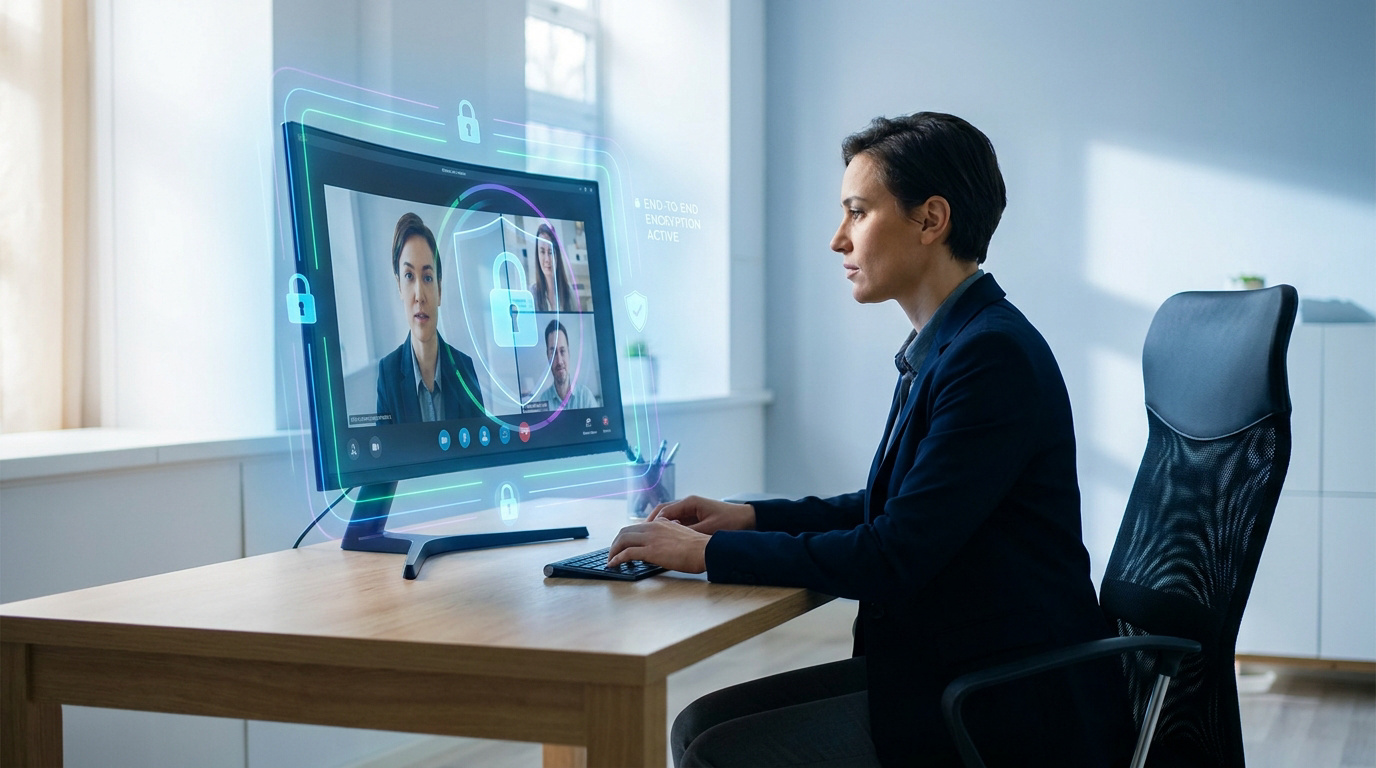 Une femme en visioconférence utilise un écran affichant des symboles de sécurité (cadenas, bouclier) et "End-to-End Encryption Active".