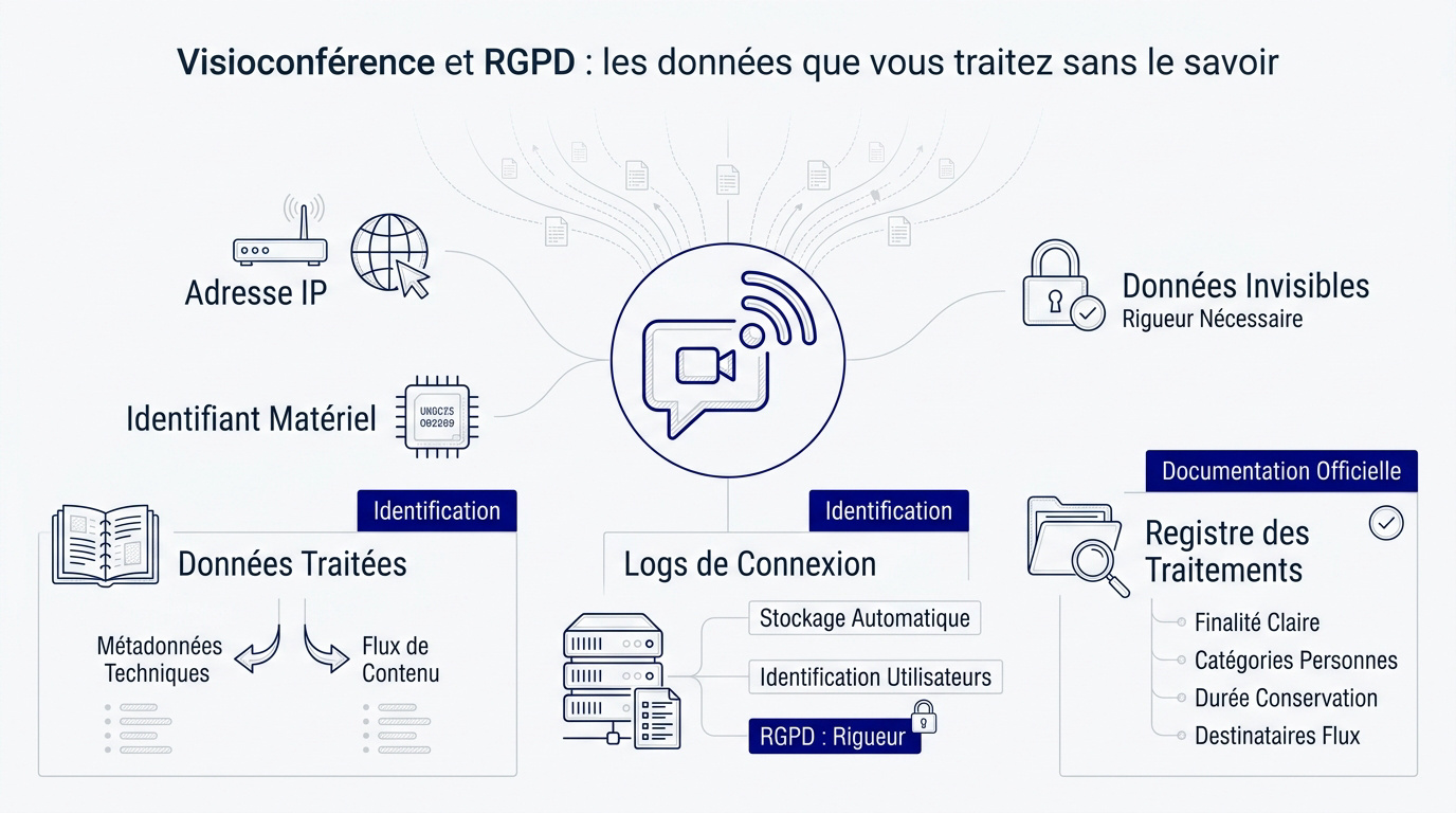 Interface de visioconférence sécurisée affichant des flux de données et des protocoles de protection RGPD