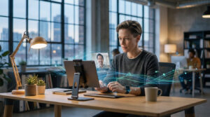 Femme en appel vidéo sur tablette dans un bureau moderne, avec projection holographique d'un homme et effets de données.