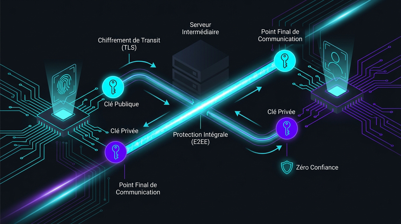 Schéma technique d'une visioconférence sécurisée avec chiffrement de bout en bout