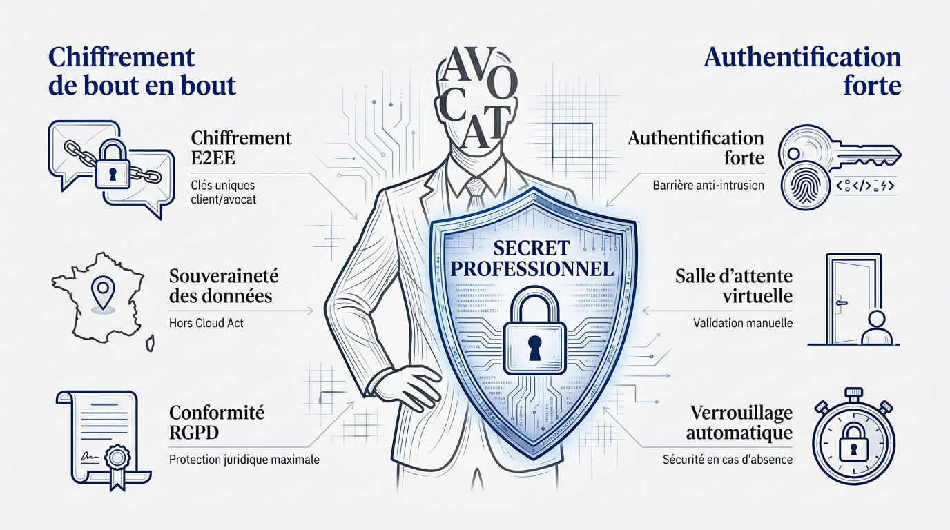 Interface de visioconférence sécurisée pour cabinet d'avocats avec chiffrement de bout en bout