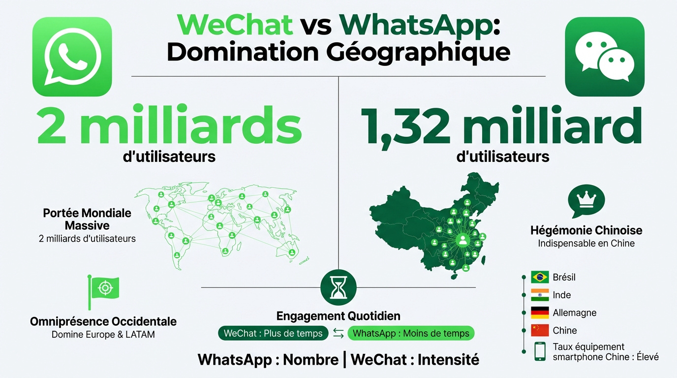 Comparaison géographique des utilisateurs de WeChat et WhatsApp dans le monde