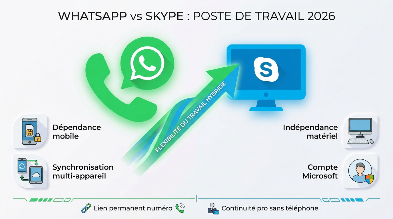 Comparaison des interfaces de visioconférence WhatsApp et Skype sur un poste de travail professionnel