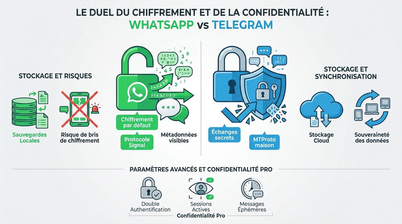 Comparaison visuelle entre les logos de Telegram et WhatsApp sur fond sécurisé